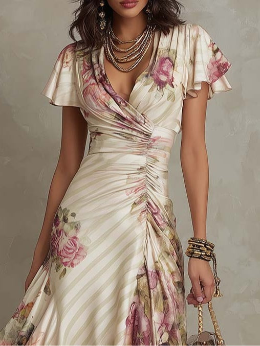 VELMORA FLORAL SATIN MIDI DRESS