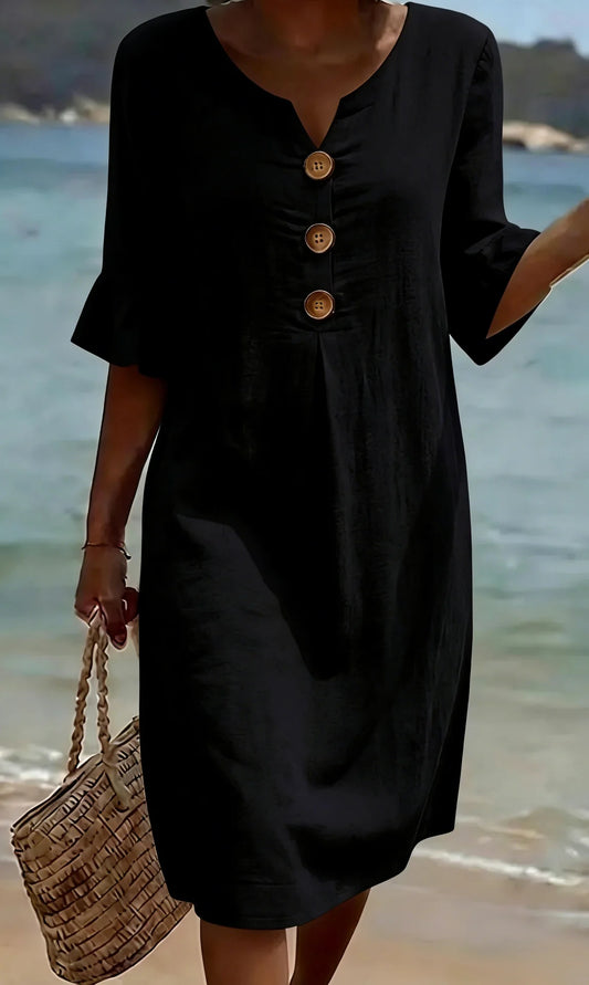 LINORA COTTON LINEN BUTTON DRESS
