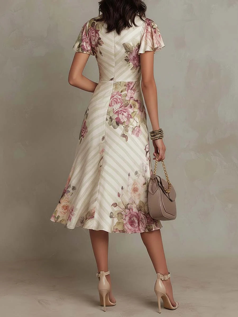 VELMORA FLORAL SATIN MIDI DRESS
