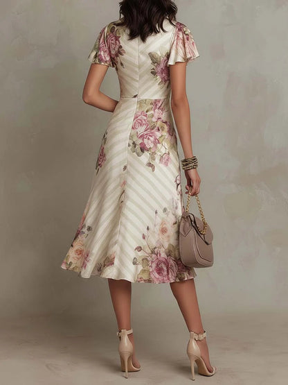 VELMORA FLORAL SATIN MIDI DRESS