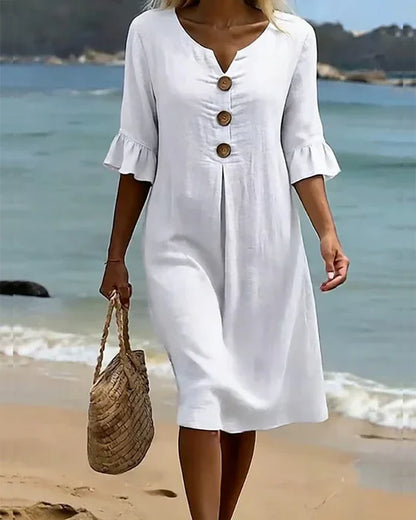 LINORA COTTON LINEN BUTTON DRESS