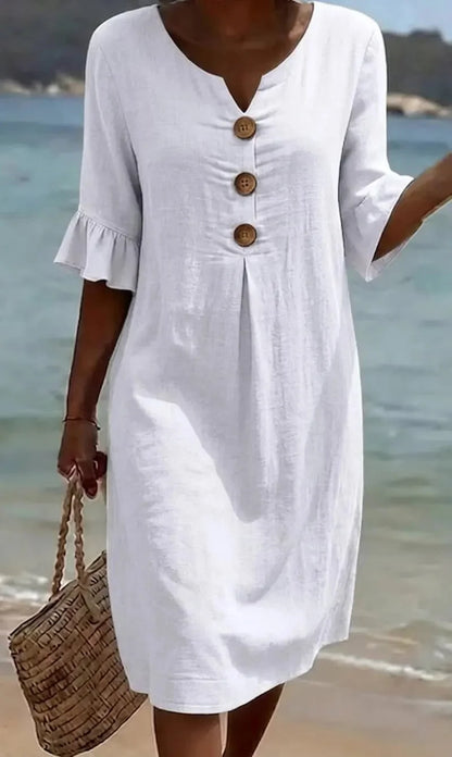 LINORA COTTON LINEN BUTTON DRESS