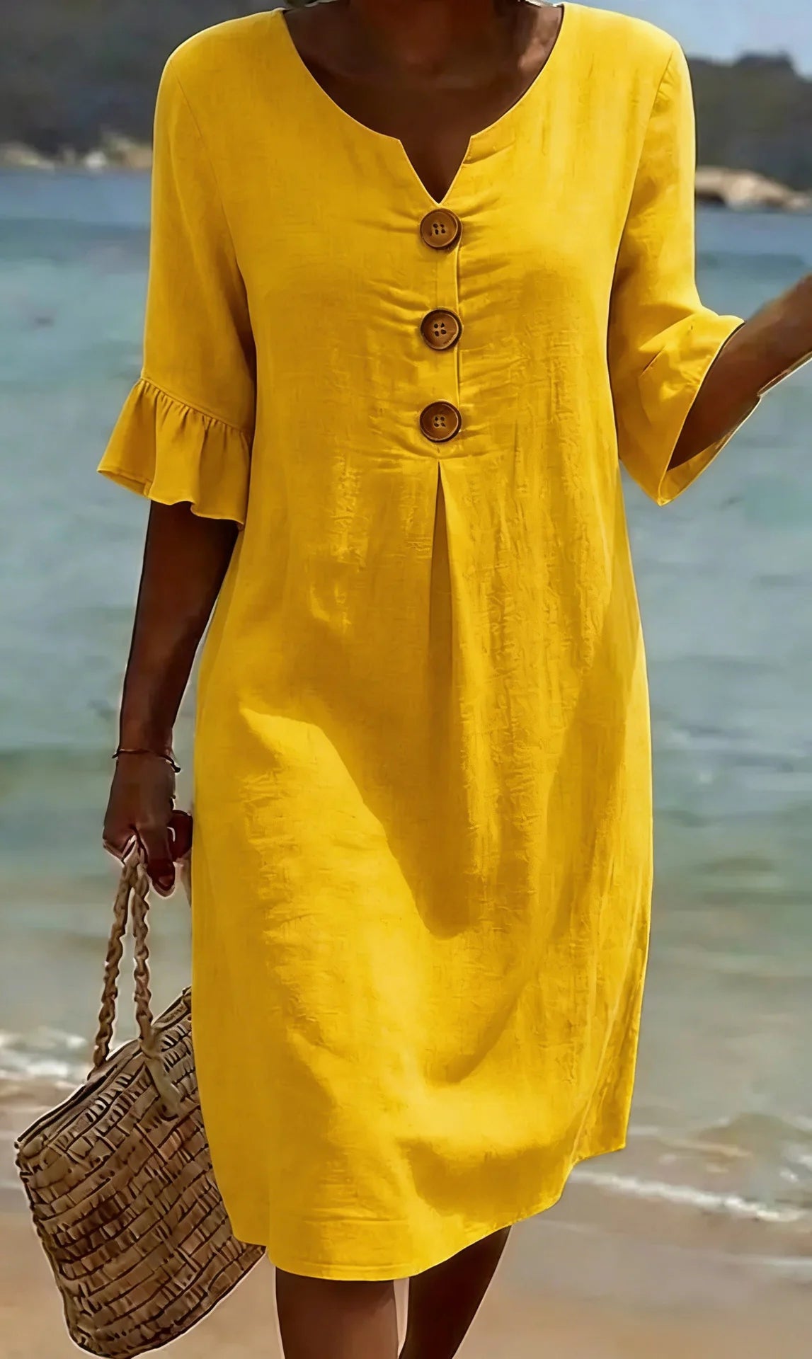 LINORA COTTON LINEN BUTTON DRESS