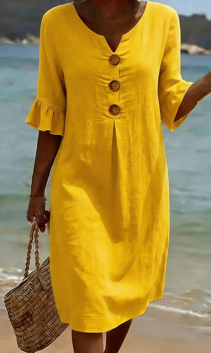 LINORA COTTON LINEN BUTTON DRESS