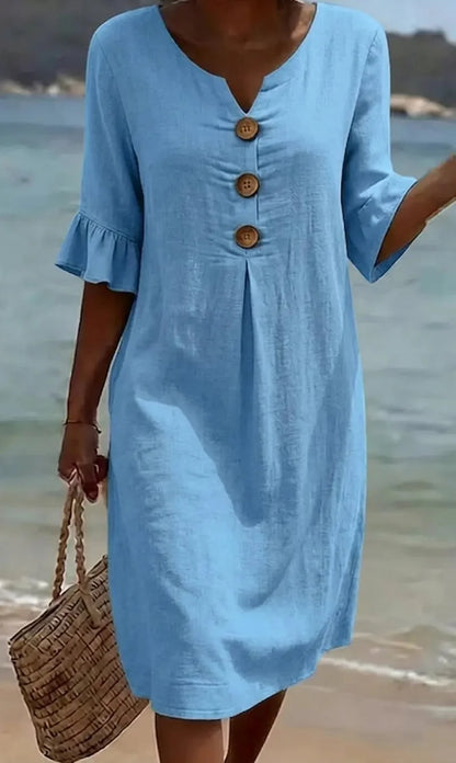 LINORA COTTON LINEN BUTTON DRESS