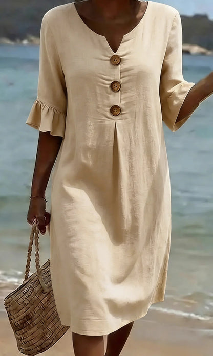 LINORA COTTON LINEN BUTTON DRESS
