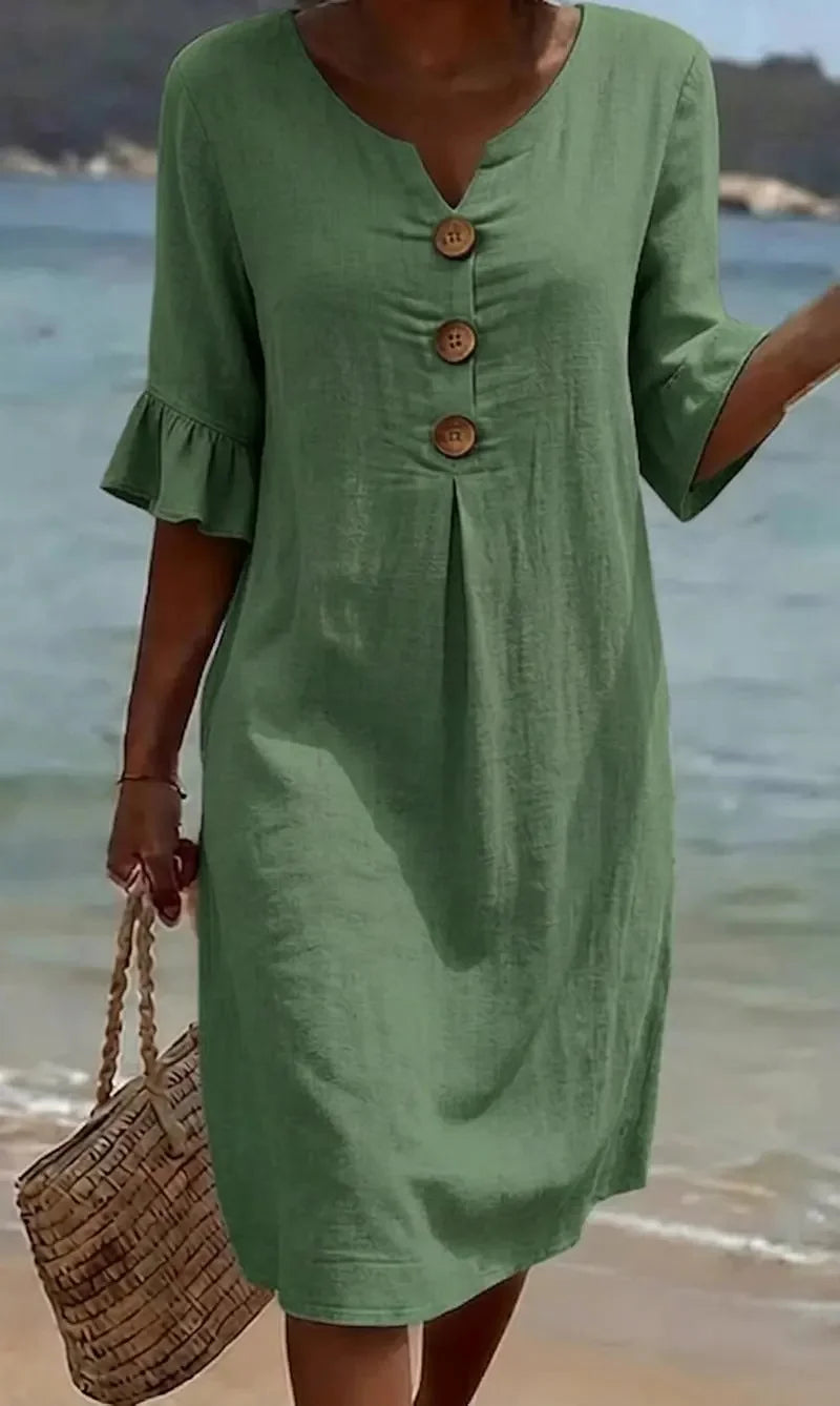 LINORA COTTON LINEN BUTTON DRESS