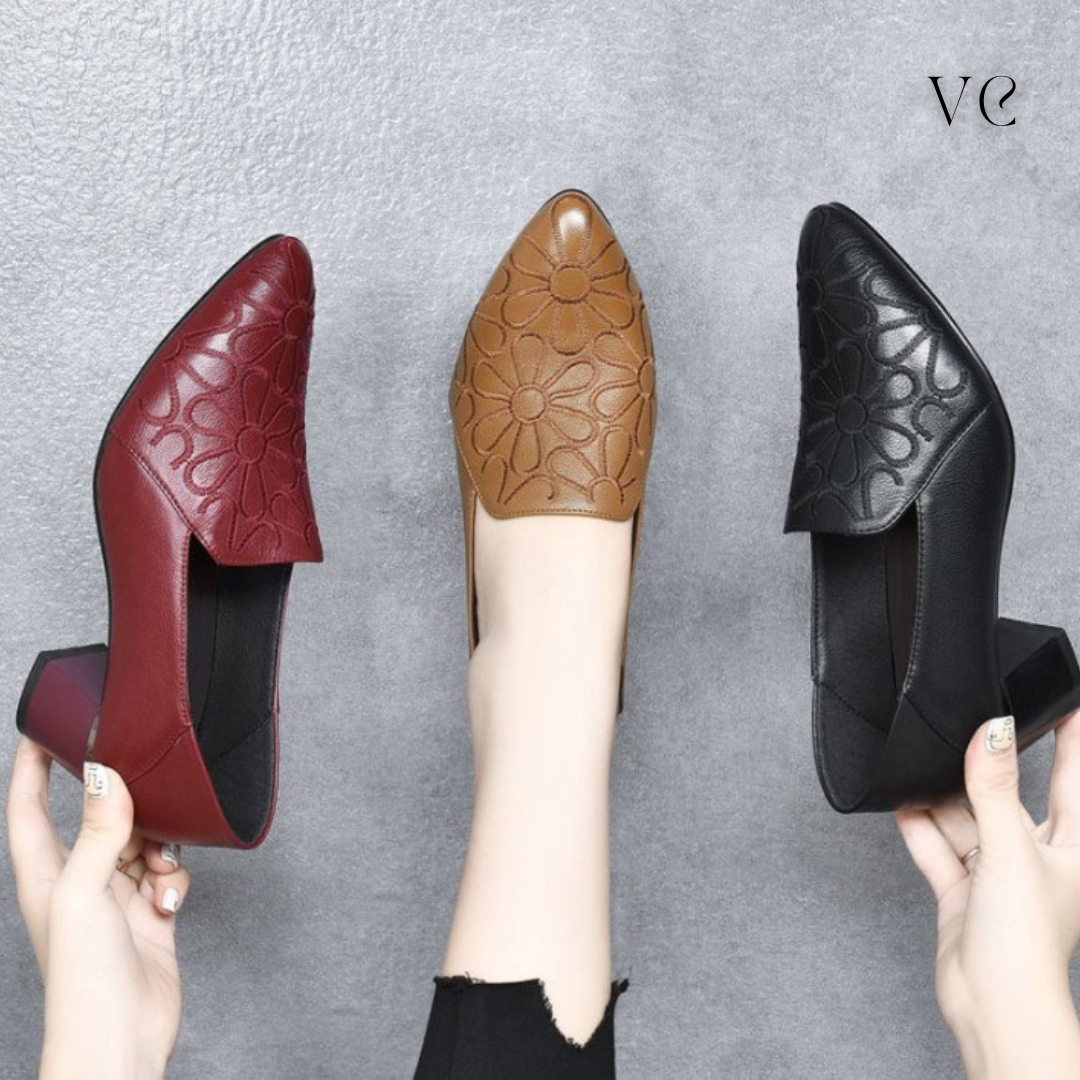 VELORIA EMBROIDERED MID HEEL SHOES