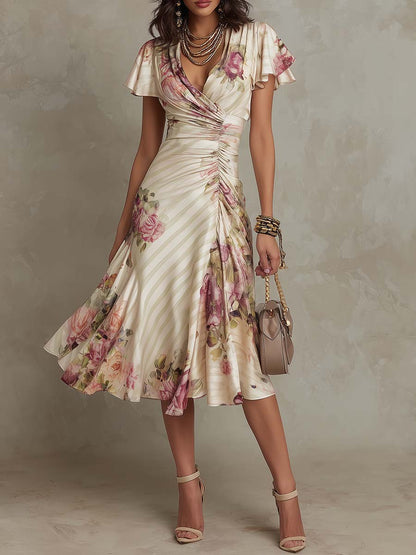 VELMORA FLORAL SATIN MIDI DRESS