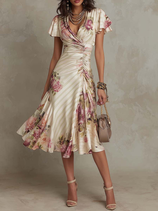 VELMORA FLORAL SATIN MIDI DRESS