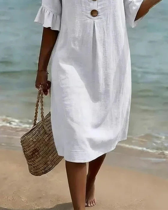LINORA COTTON LINEN BUTTON DRESS
