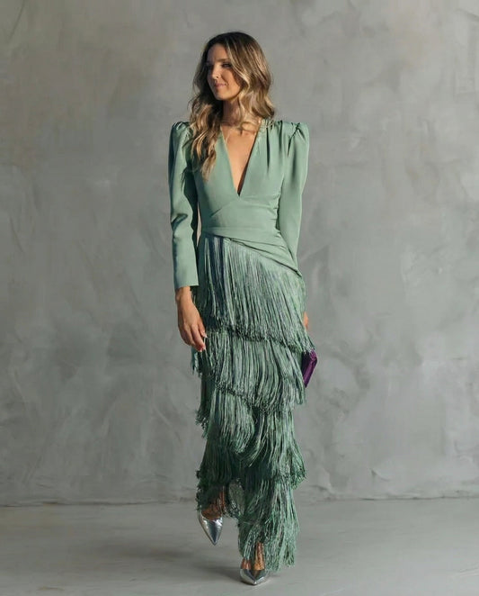 FRANGEA – ELEGANT FRINGE SLEEVE MIDI DRESS