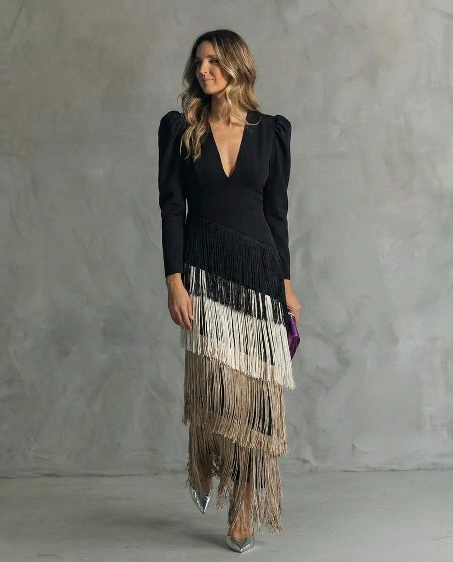 FRANGEA – ELEGANT FRINGE SLEEVE MIDI DRESS