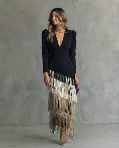 FRANGEA – ELEGANT FRINGE SLEEVE MIDI DRESS