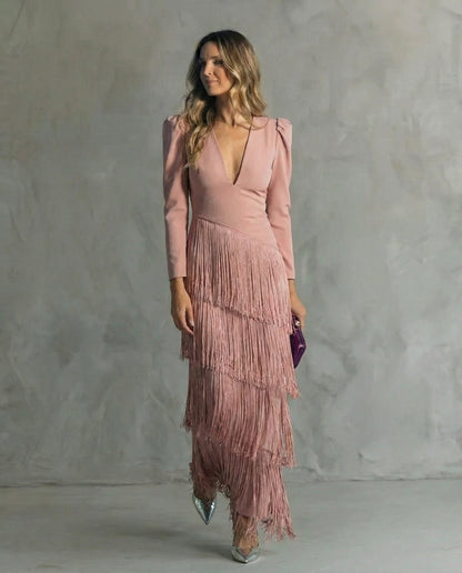 FRANGEA – ELEGANT FRINGE SLEEVE MIDI DRESS