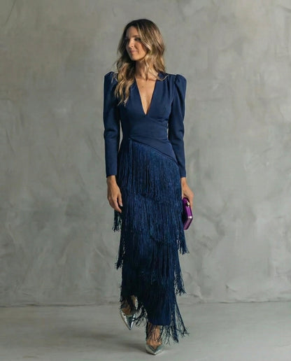 FRANGEA – ELEGANT FRINGE SLEEVE MIDI DRESS